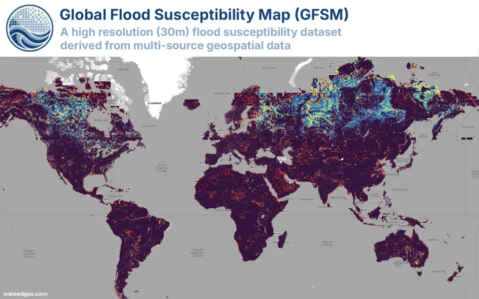 Global Flood Susceptibility Map application interface showing worldwide flood risk